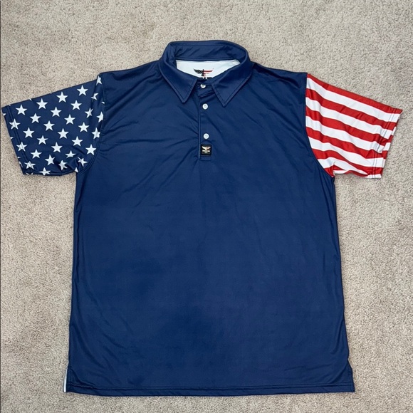 Eagle Six Gear Patriotic Blue Polo Shirt with American Flag Sleeves Men's Large - Picture 1 of 4